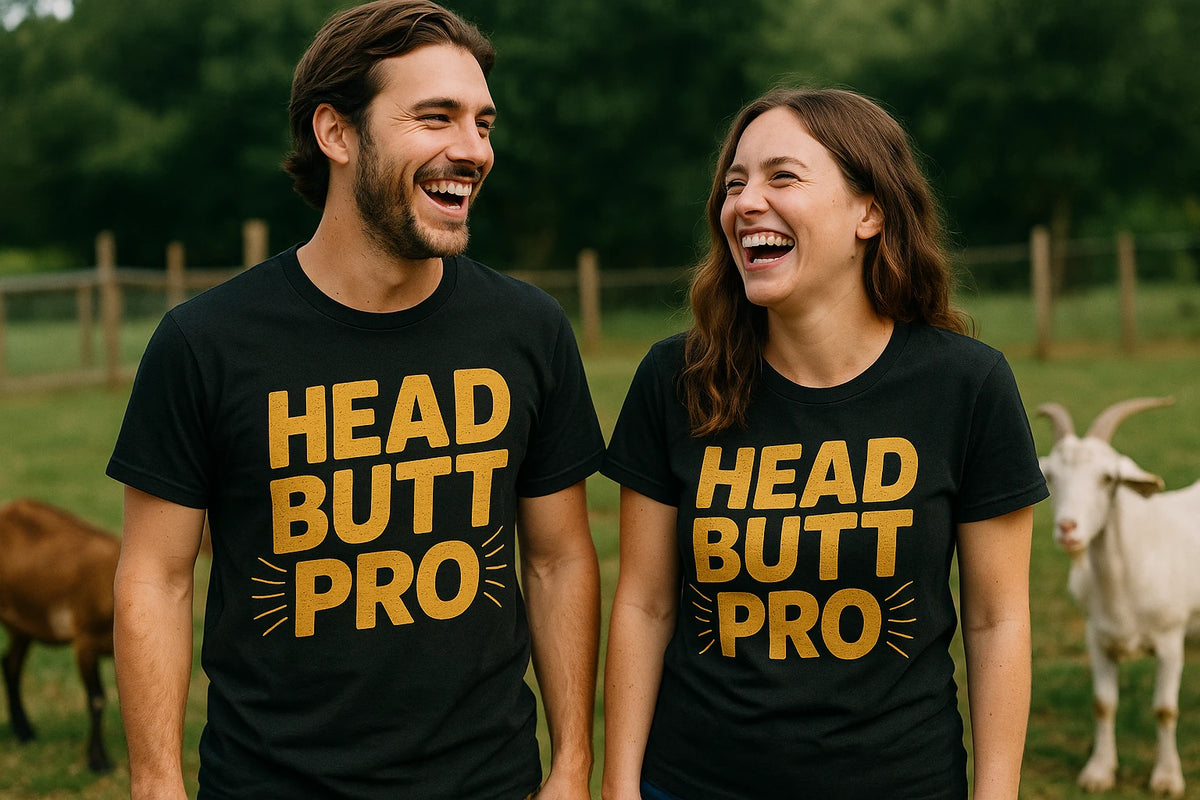 Person wearing the black shirts with goats on them graphic tee - "Head Butt Pro" design