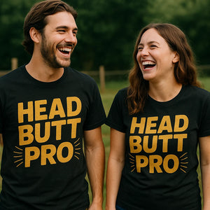 Person wearing the black shirts with goats on them graphic tee - "Head Butt Pro" design