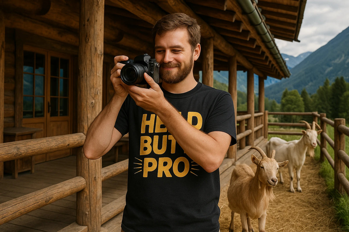 Lifestyle shot of the "Head Butt Pro" black shirts with goats on them in a real-world setting