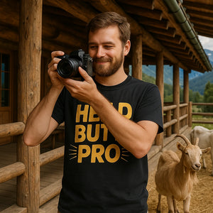 Lifestyle shot of the "Head Butt Pro" black shirts with goats on them in a real-world setting