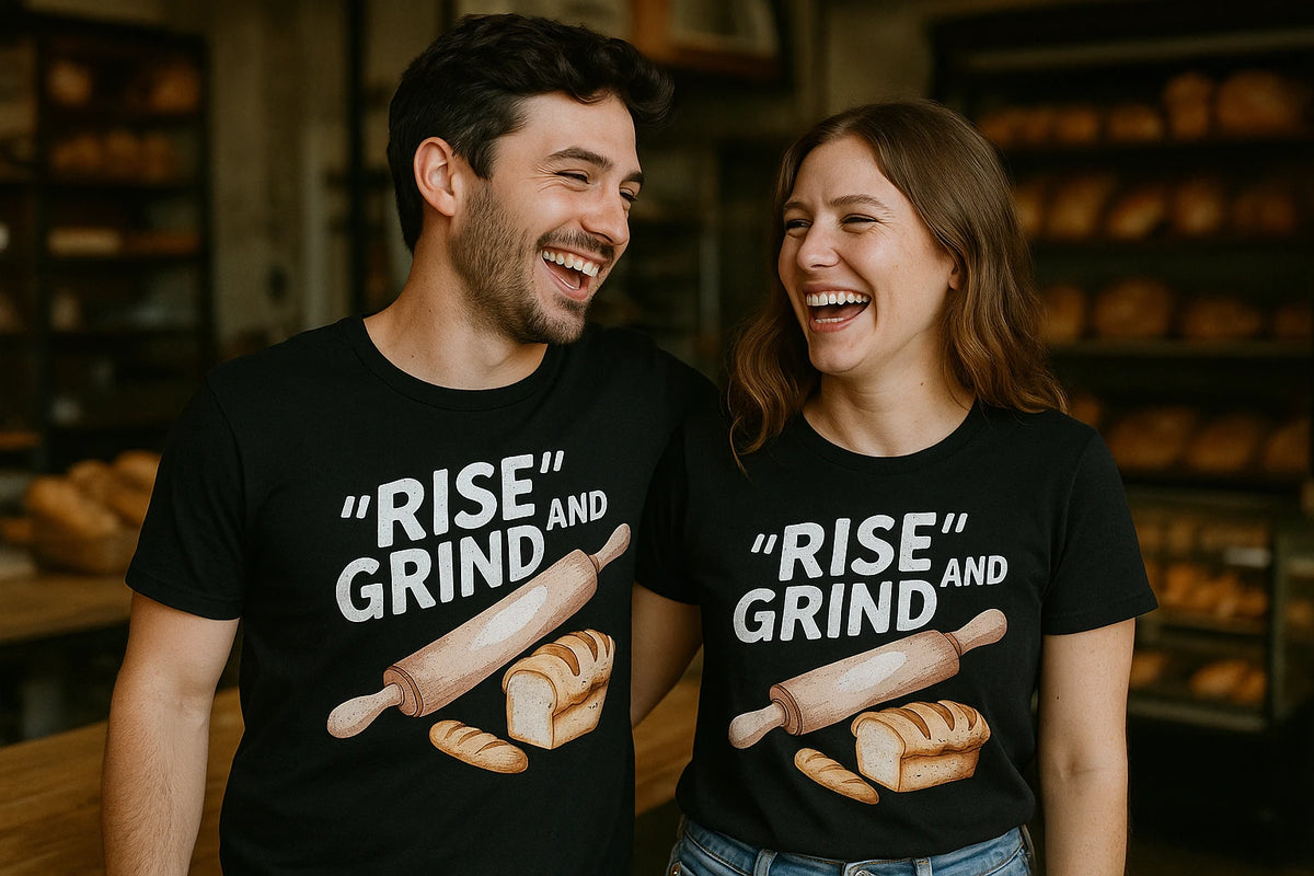 Person wearing the black bakery shirts graphic tee - "Rise and Grind" design
