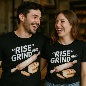 Person wearing the black bakery shirts graphic tee - "Rise and Grind" design