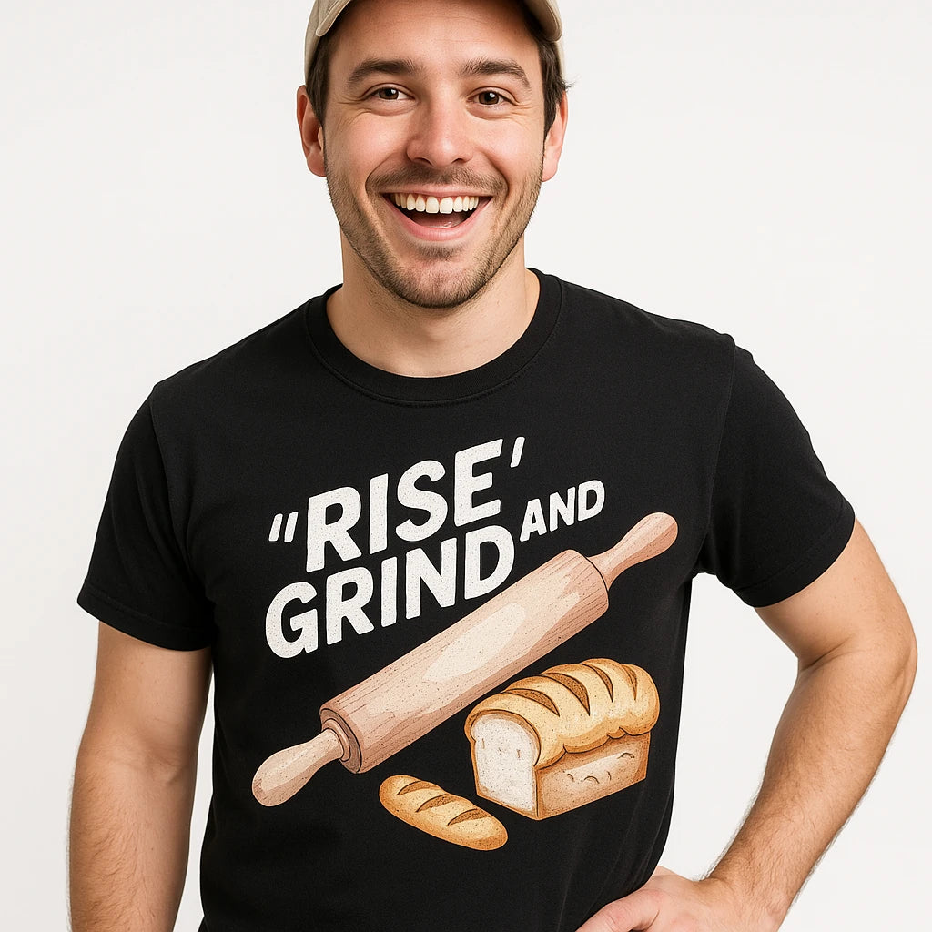 Close-up of the "Rise and Grind" cream print on a premium Bella+Canvas black bakery shirts