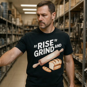 Lifestyle shot of the "Rise and Grind" black bakery shirts in a real-world setting