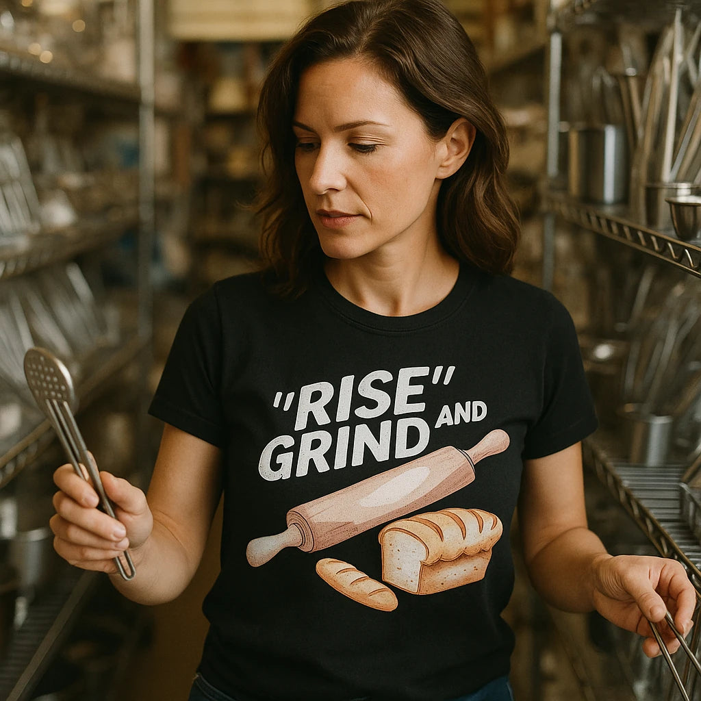 "Rise and Grind" black bakery shirts - also a bakery gift baskets