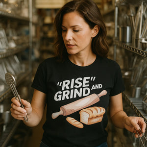"Rise and Grind" black bakery shirts - also a bakery gift baskets