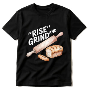 Black Bakery Shirts - "Rise and Grind" graphic tee with cream print, flat lay product photo