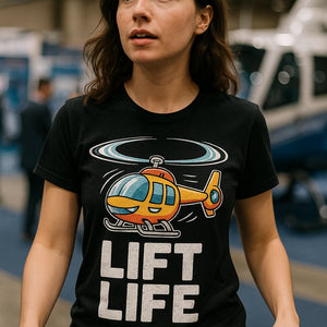 "Lift Life" black helicopter t shirt, photographed as gifts for helicopter lovers