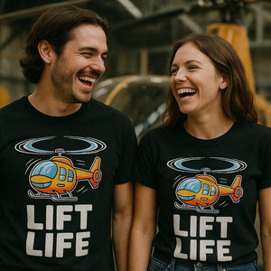Person wearing the black helicopter t shirt graphic tee - "Lift Life" design