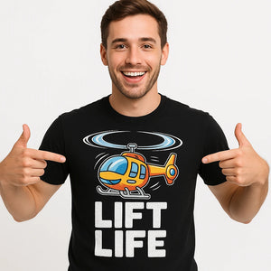 Close-up of the "Lift Life" white print on a premium Bella+Canvas black helicopter t shirt