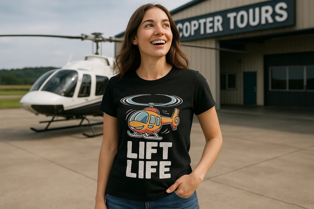A person stands smiling in front of a helicopter, wearing a black T-shirt with a colorful cartoon helicopter graphic and the text "LIFT LIFE." They have long brown hair and are outdoors on a sunny day near a building with a sign reading "HELICOPTER TOURS."