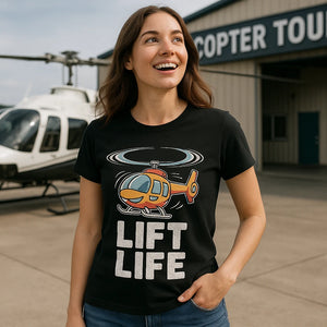 Lifestyle shot of the "Lift Life" black helicopter t shirt in a real-world setting