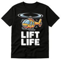 A black T-shirt featuring a colorful illustration of a cartoon helicopter above the bold white text 