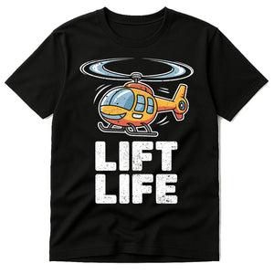 Black Helicopter T Shirt - "Lift Life" graphic tee with white print, flat lay product photo