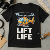 A black t-shirt featuring a colorful cartoon helicopter above the words 