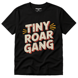Black Bobcats T Shirt - "Tiny Roar Gang" graphic tee with beige print, flat lay product photo