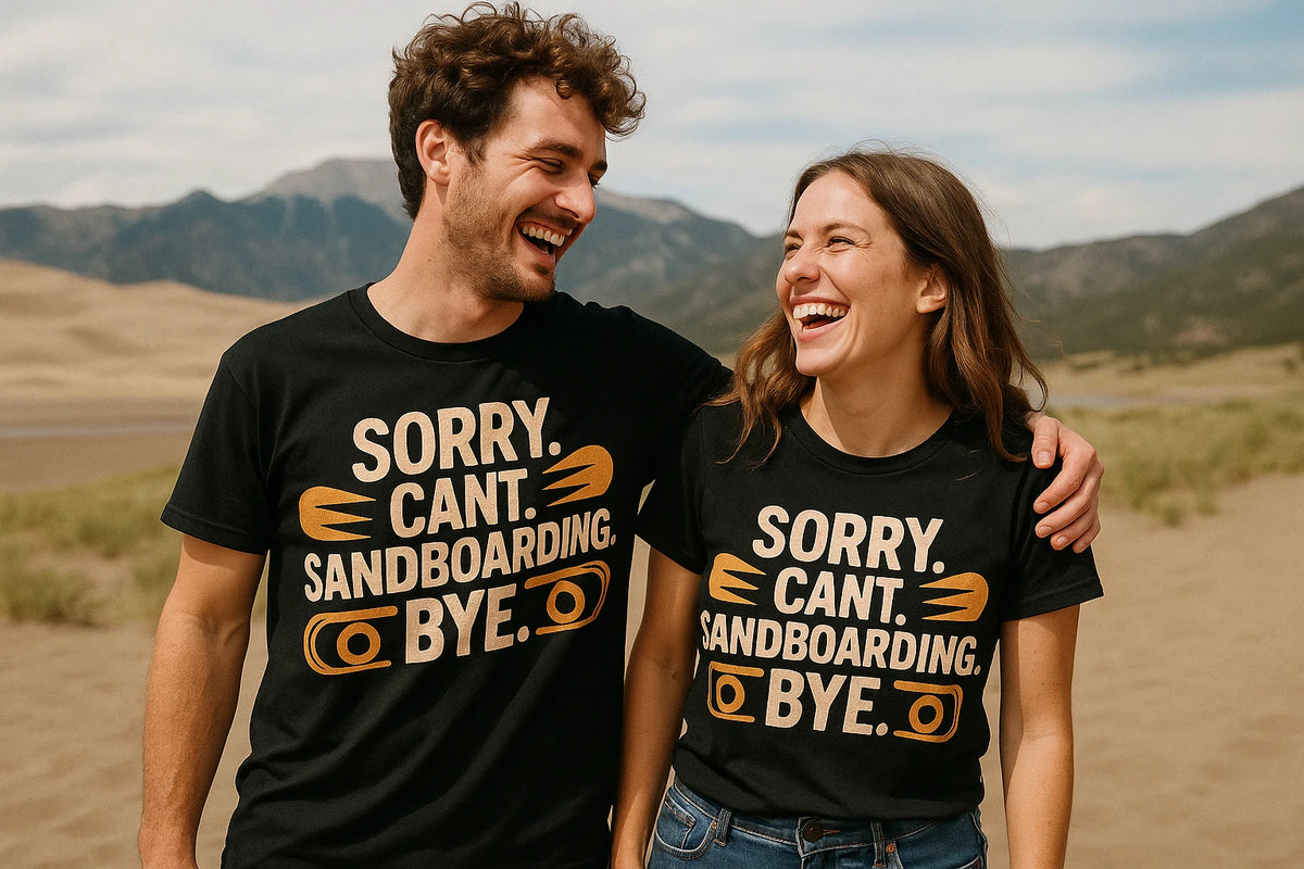 Person wearing the black sandboarding t shirt graphic tee - "Sorry. Cant. Sandboarding. Bye." design