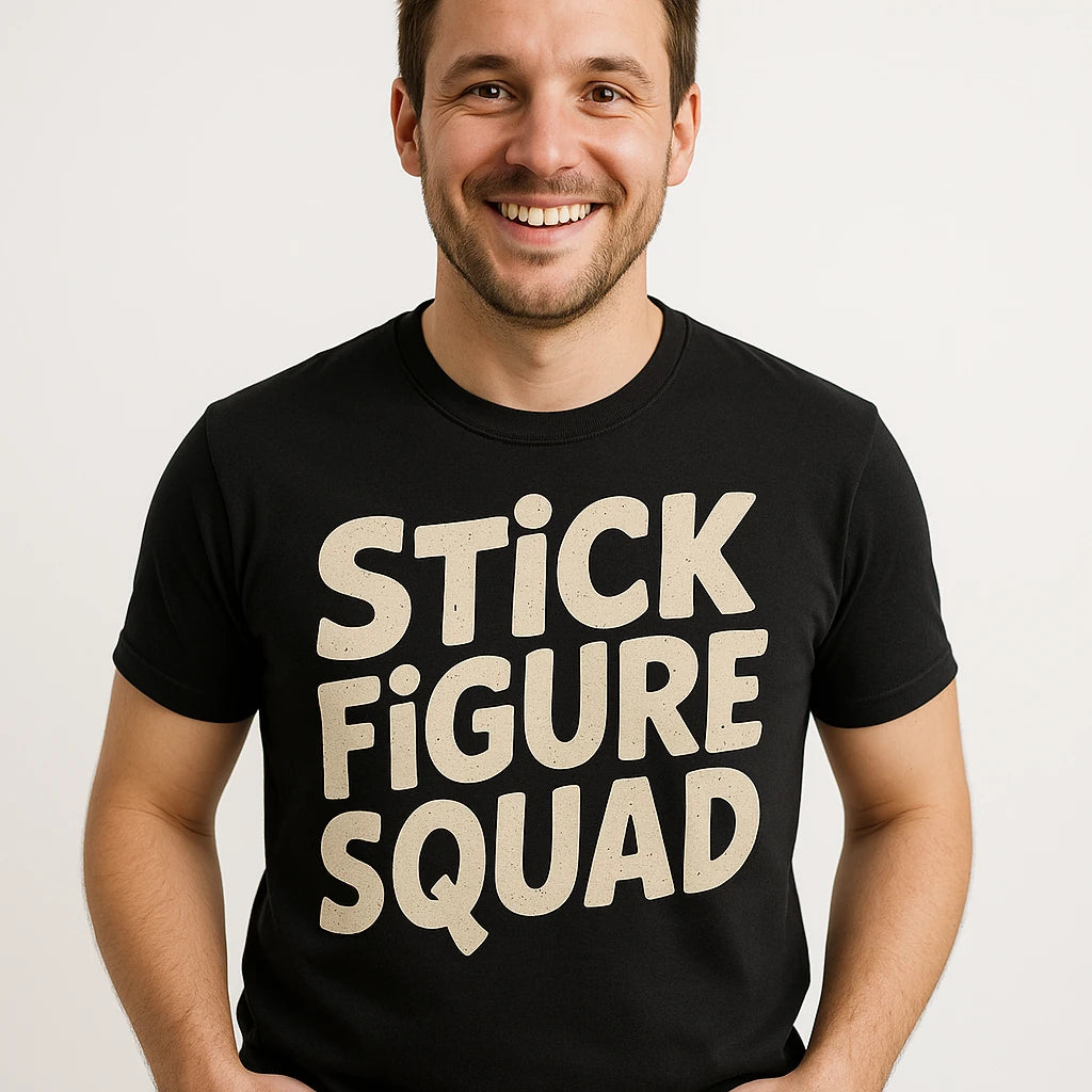 Close-up of the "Stick Figure Squad" beige print on a premium Bella+Canvas black family life t shirt
