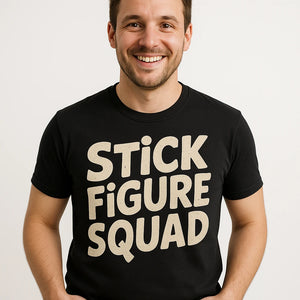 Close-up of the "Stick Figure Squad" beige print on a premium Bella+Canvas black family life t shirt