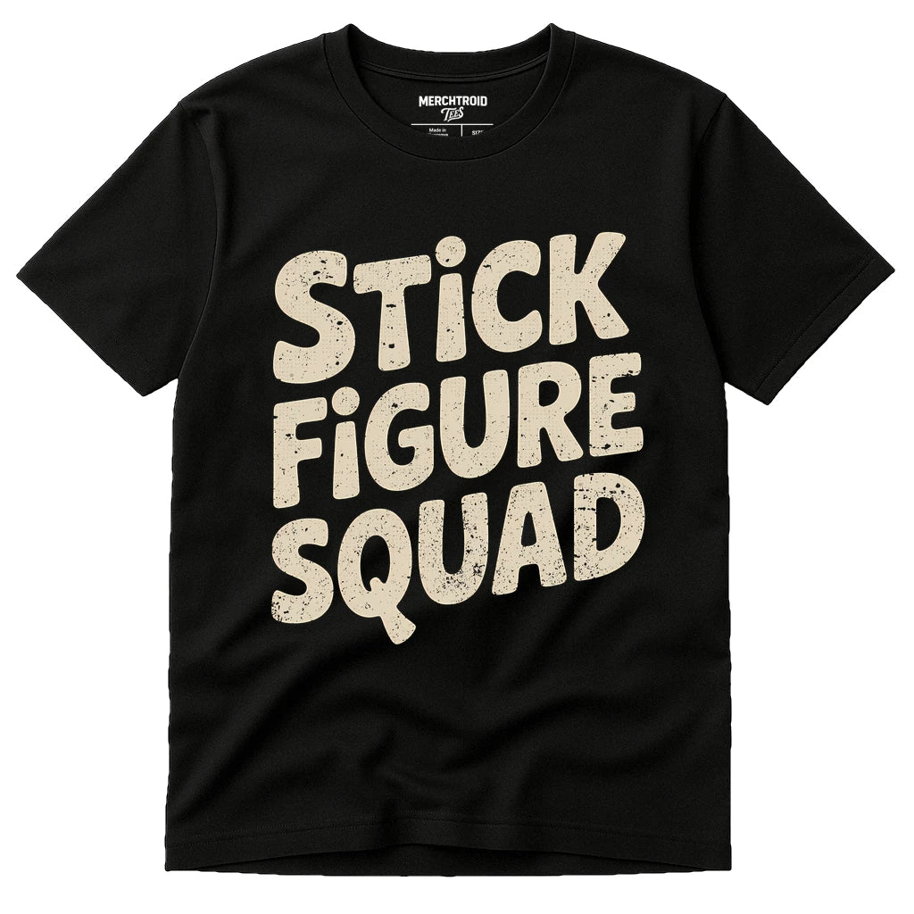 Black Family Life T Shirt - "Stick Figure Squad" graphic tee with beige print, flat lay product photo