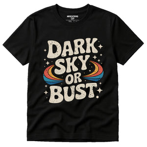 Black Stargazing T Shirt - "Dark Sky Or Bust" graphic tee with beige print, flat lay product photo
