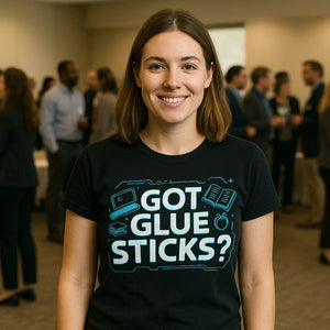 Lifestyle shot of the "Got Glue Sticks?" black teacher tee shirts in a real-world setting