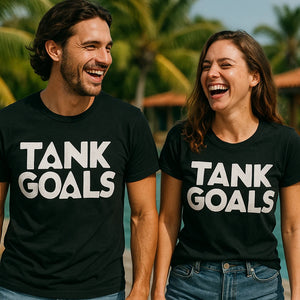 Person wearing the black scuba diving t shirt graphic tee - "Tank Goals" design