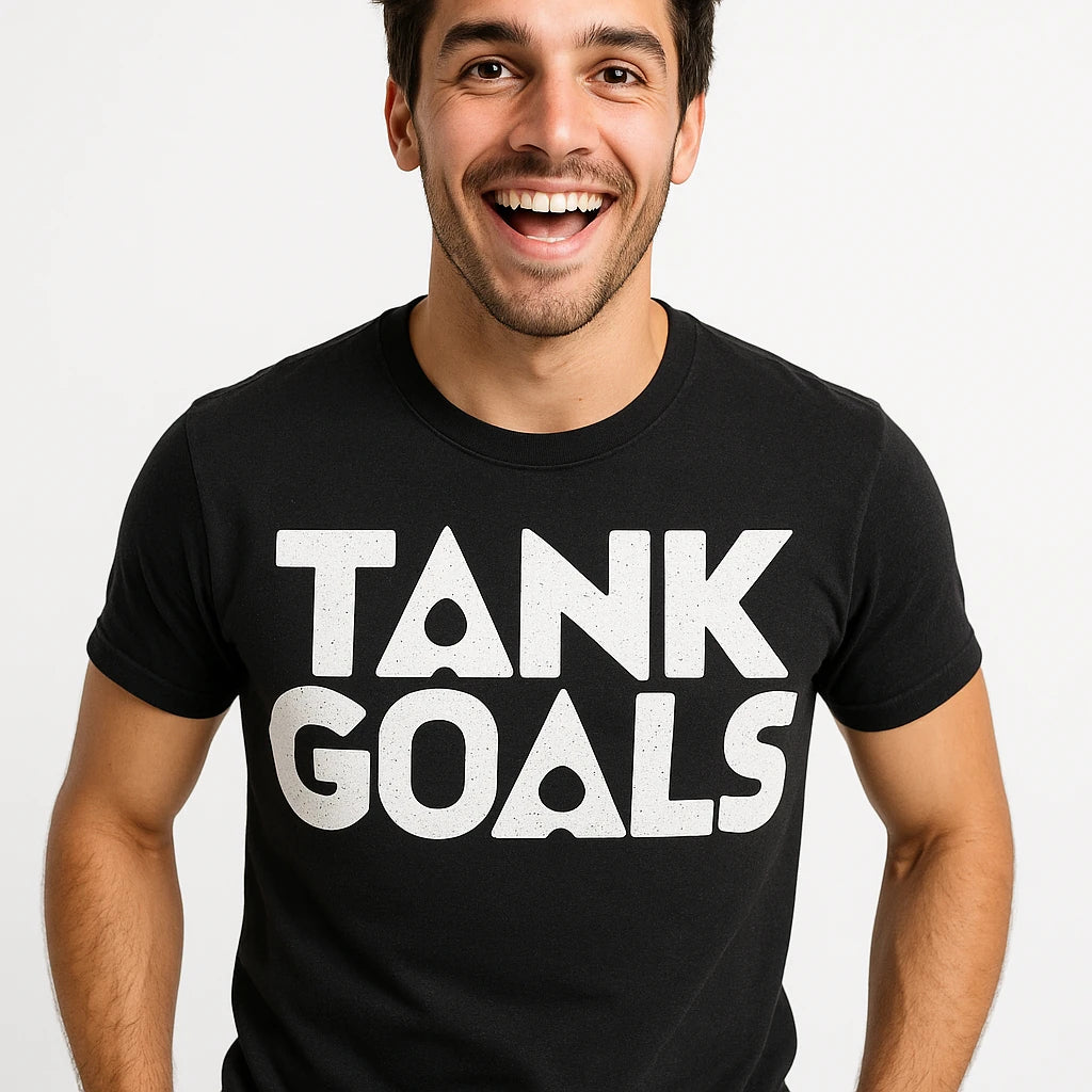Close-up of the "Tank Goals" white print on a premium Bella+Canvas black scuba diving t shirt