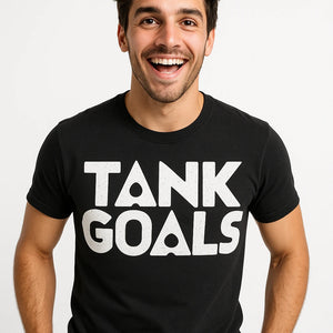 Close-up of the "Tank Goals" white print on a premium Bella+Canvas black scuba diving t shirt