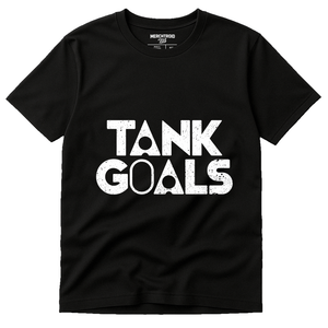 Black Scuba Diving T Shirt - "Tank Goals" graphic tee with white print, flat lay product photo