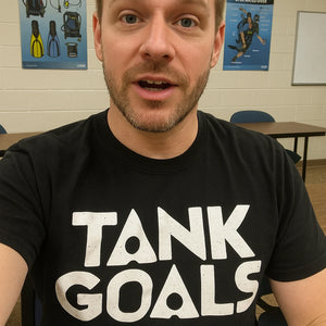 "Tank Goals" black scuba diving t shirt, photographed as scuba diving lover gift