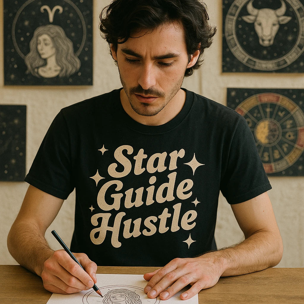 "Star Guide Hustle" black astrology shirts, photographed as presents for astrology lovers
