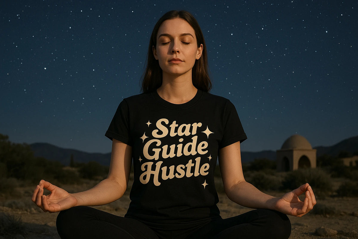Lifestyle shot of the "Star Guide Hustle" black astrology shirts in a real-world setting