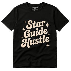 Black Astrology Shirts - "Star Guide Hustle" graphic tee with cream print, flat lay product photo