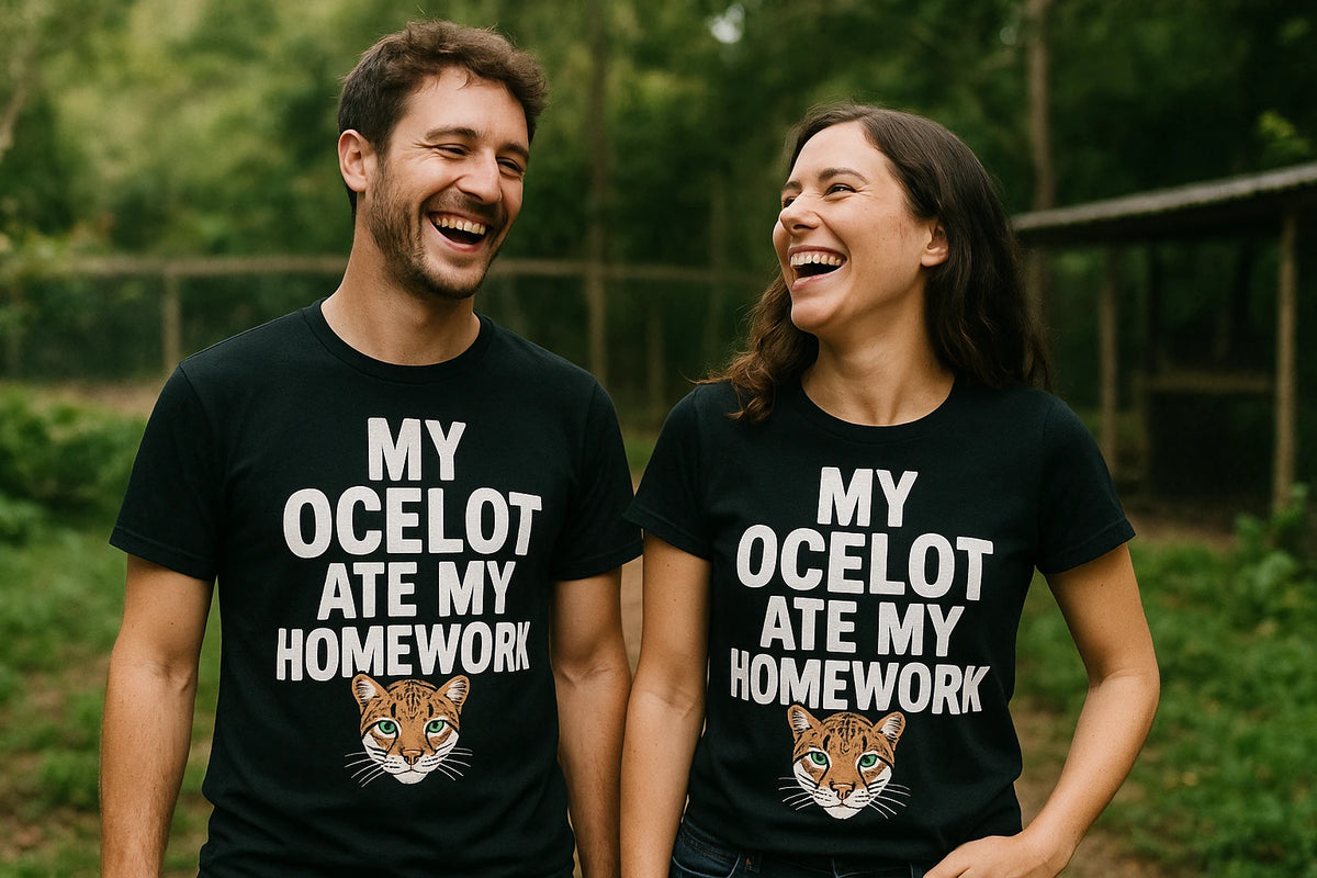 Person wearing the black ocelot t shirt graphic tee - "My Ocelot Ate My Homework" design