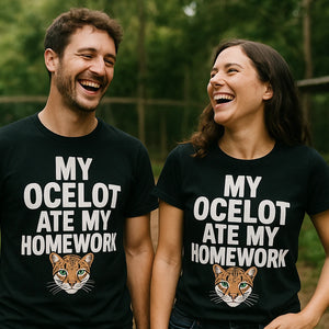 Person wearing the black ocelot t shirt graphic tee - "My Ocelot Ate My Homework" design