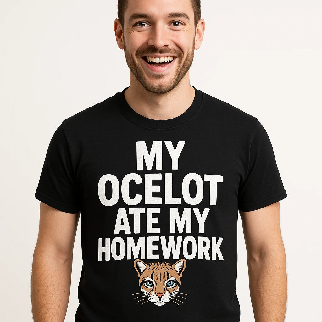 Close-up of the "My Ocelot Ate My Homework" white print on a premium Bella+Canvas black ocelot t shirt