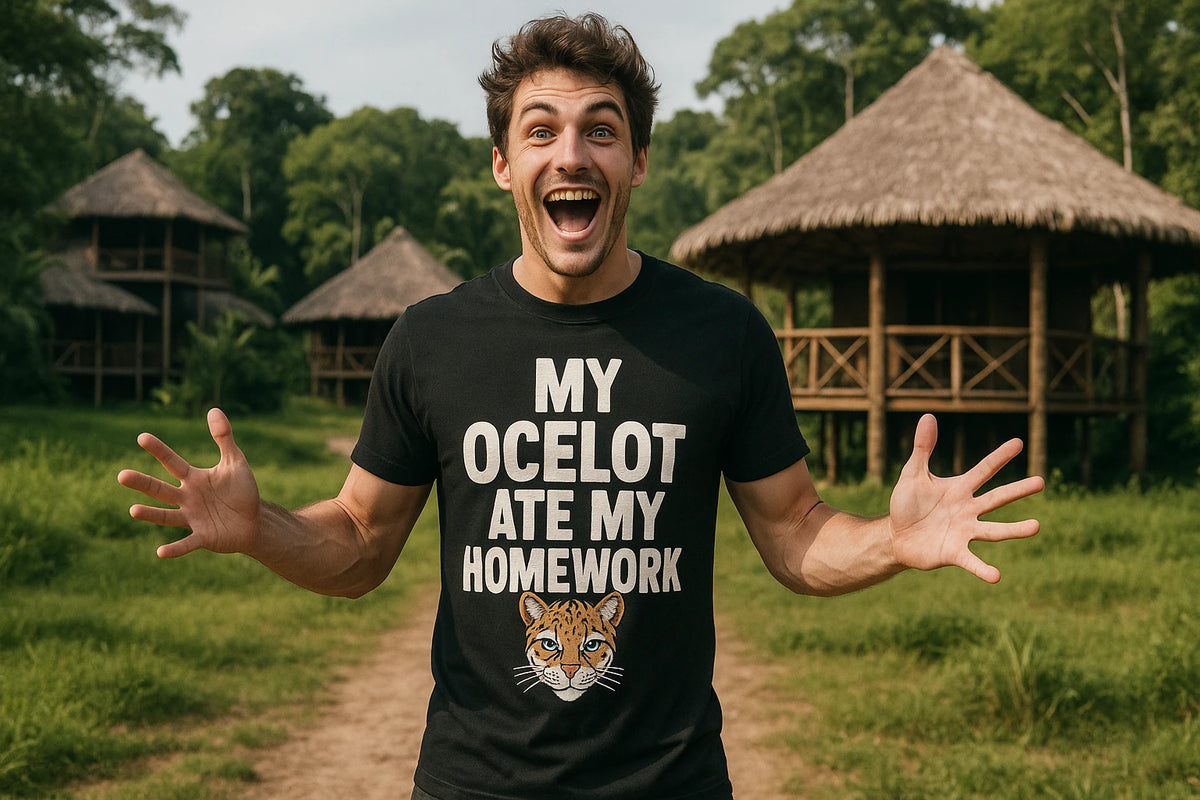 Lifestyle shot of the "My Ocelot Ate My Homework" black ocelot t shirt in a real-world setting