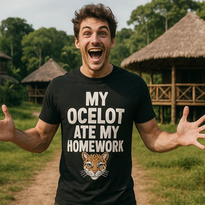 Lifestyle shot of the "My Ocelot Ate My Homework" black ocelot t shirt in a real-world setting