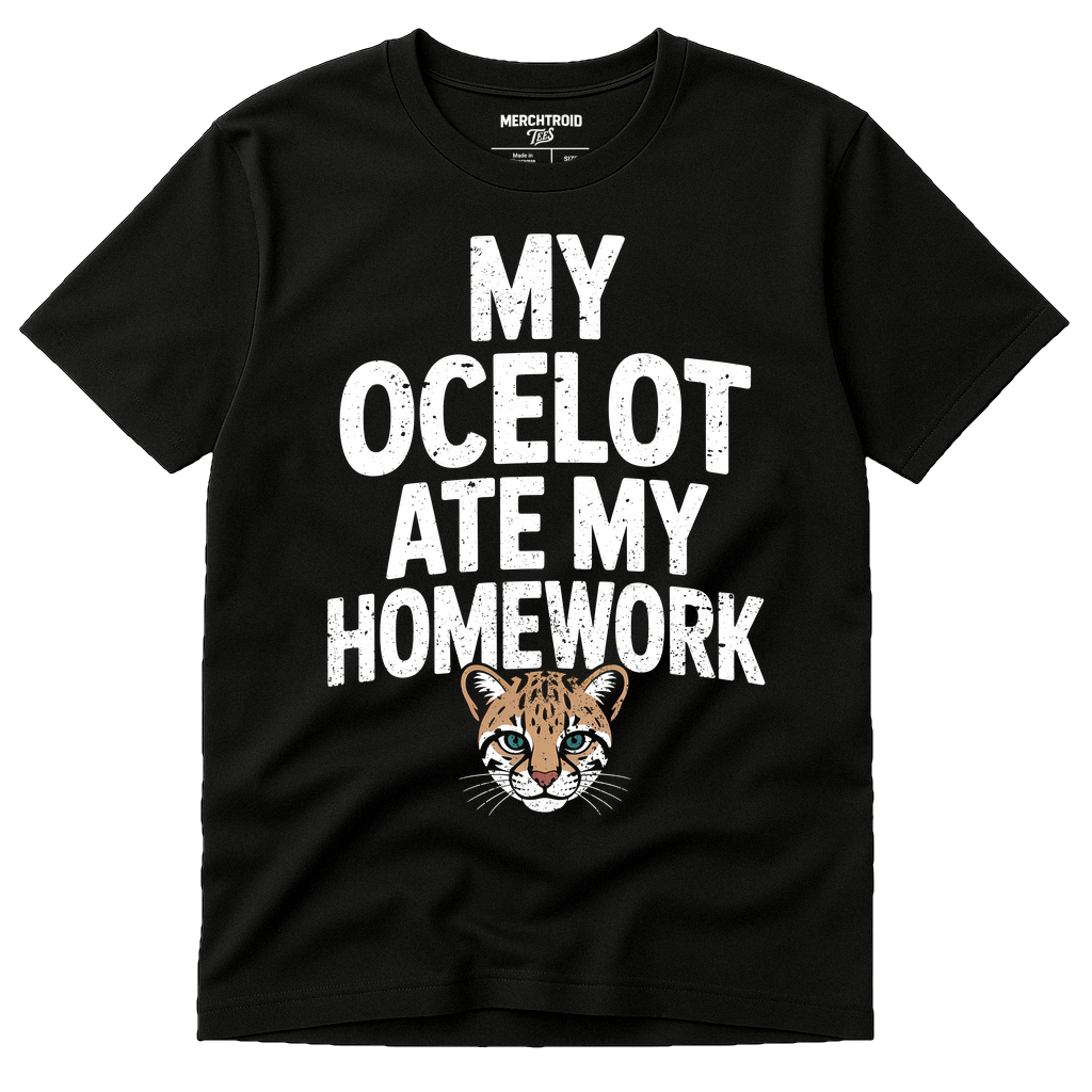 Black Ocelot T Shirt - "My Ocelot Ate My Homework" graphic tee with white print, flat lay product photo