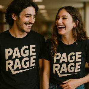 Person wearing the black studying t shirt graphic tee - "Page Rage" design