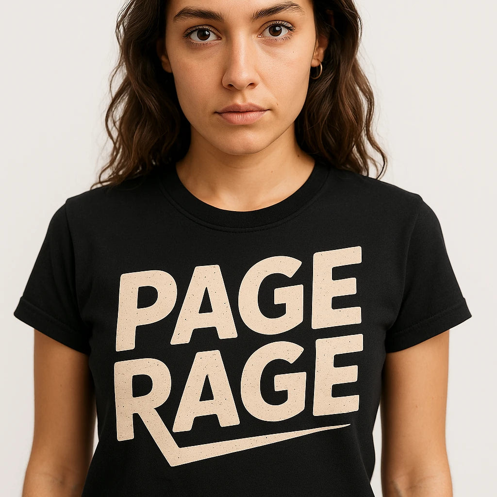 Close-up of the "Page Rage" cream print on a premium Bella+Canvas black studying t shirt