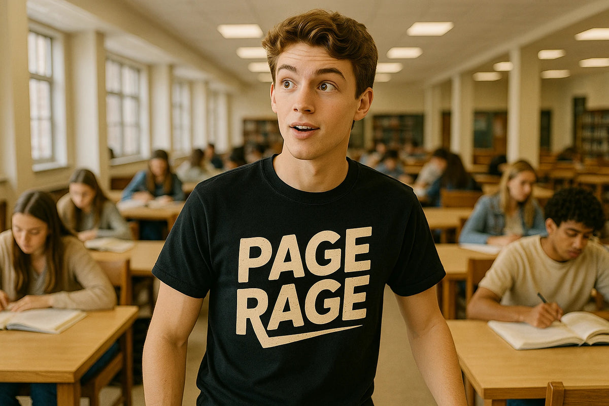 Lifestyle shot of the "Page Rage" black studying t shirt in a real-world setting