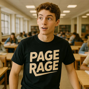 Lifestyle shot of the "Page Rage" black studying t shirt in a real-world setting