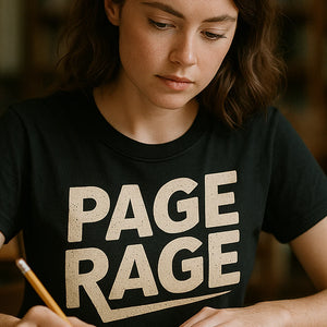 "Page Rage" black studying t shirt, photographed as studying lover gift