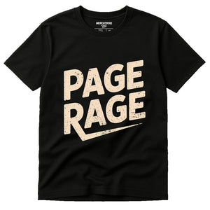 Black Studying T Shirt - "Page Rage" graphic tee with cream print, flat lay product photo