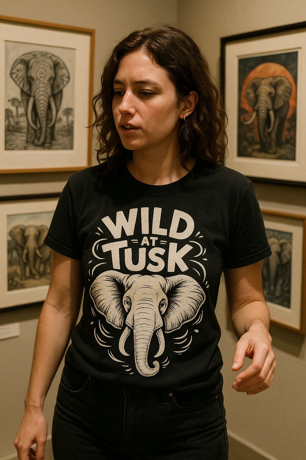 A person wearing a black shirt with an illustration of an elephant and the words "WILD AT TUSK." The person has shoulder-length curly brown hair and is standing in a room with framed elephant artwork on the walls.