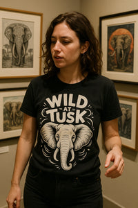 A person wearing a black shirt with an illustration of an elephant and the words 