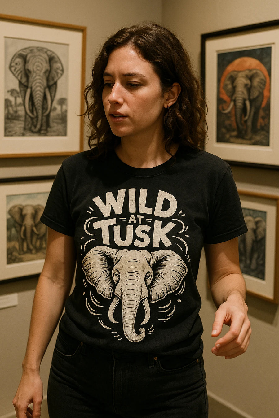 A person wearing a black shirt with an illustration of an elephant and the words "WILD AT TUSK." The person has shoulder-length curly brown hair and is standing in a room with framed elephant artwork on the walls.