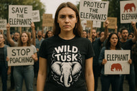 A person with long brown hair is standing in the foreground, wearing a black t-shirt with an illustration of an elephant and the text 